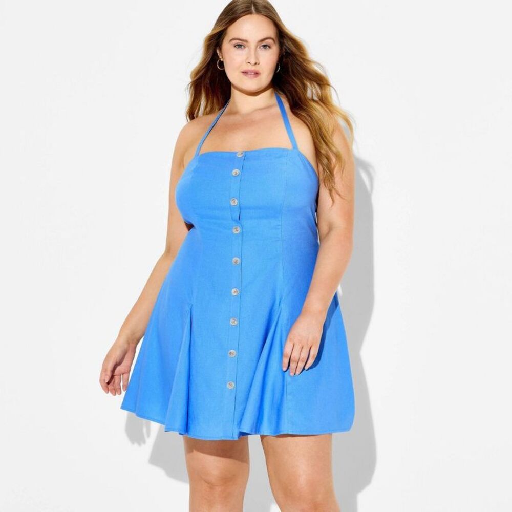 Women's Button-Front Halter Mini A-Line Dress - Wild Fable Blue XXL